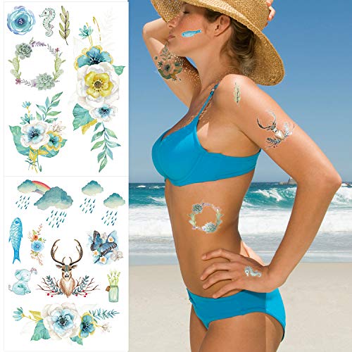 Qpout Blumen Temporäre Tattoos für Frauen Mädchen Kinder, 8 Blatt Wasserdichte Realistische Arm Ärmel Blume Rosa Rose Tätowierung Aufkleber Hand Rücken Hals Handgelenk Dekoration-Blume Vogel Reh