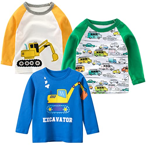 Toddler Boys 3-Pack Long Sleeve Excavator T-Shirt 100% Cotton Basic Tops Car Shirt (Set-F, 3T) #TOP23