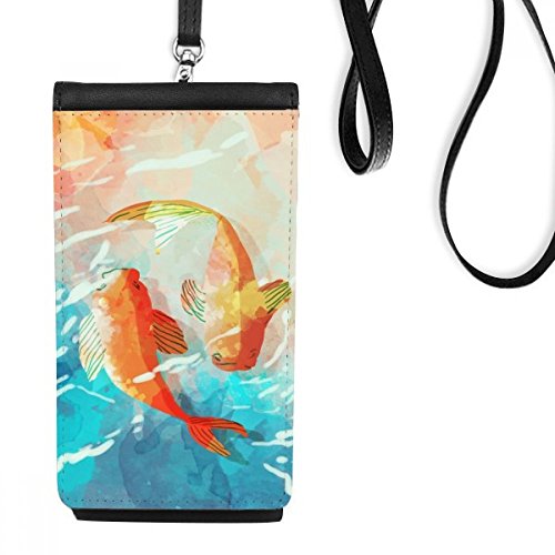 Bourse téléphone aquarelle japonaise en cuir noir, idée cadeau originale