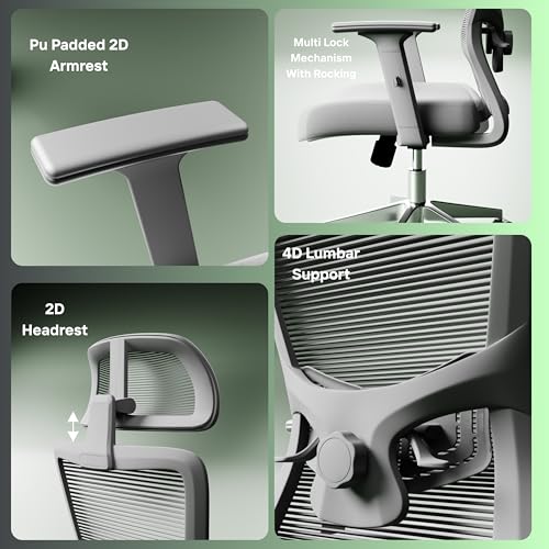 Image of Rocknova Ergonomic Office Chair for Work | 5 Year Warranty | Multi-Lock Auto-Adapt Recline | 1D Armrest | Adjustable Lumbar (D86 Grey)