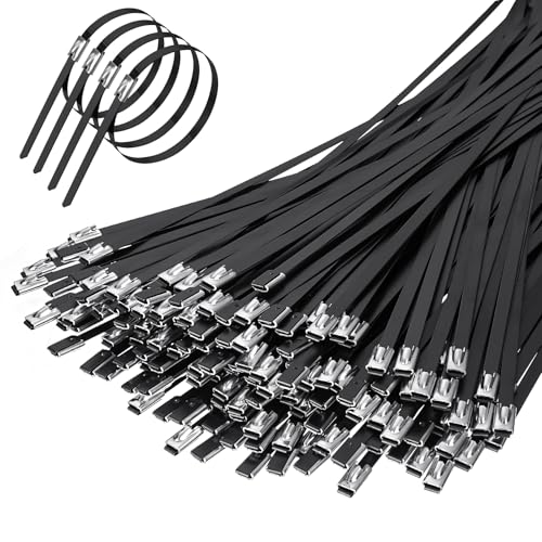 HOTUT Opaski do kabli ze stali nierdzewnej, 200 szt., 4,6 x 300 mm, samoblokujące metalowe opaski do kabli ze stali nierdzewnej, do nawijania spalin, kabli grupowanych, konserwacji ogrodzeń i markiz