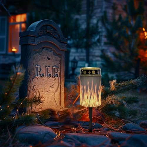 Image of Waterproof Cemetery Solar Lights Flameless Candle | Outdoor Flameless Candle Lamp, Cemetery Solar Lights Water Resistant LED Grave Lights Halloween Decoration 2 Pack