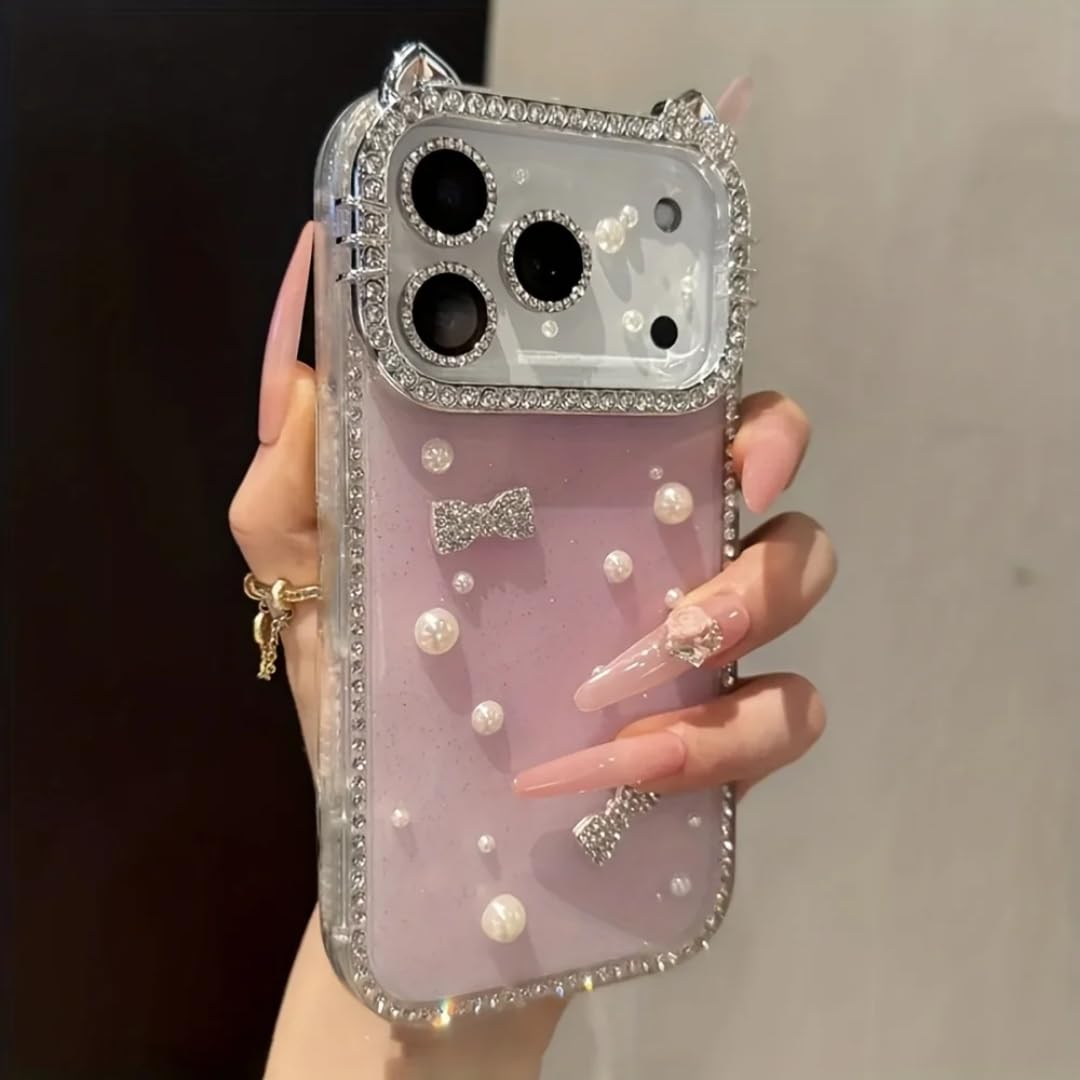 Coque iPhone 17 Pro pailletée rose foncé avec nœud élégant