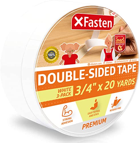 XFasten Double Sided Tape, Removable, 3/4-Inch by 20-Yards, Pack of 3, Ideal as a Gift Wrap Tape, Holding Carpets, and Woodworking