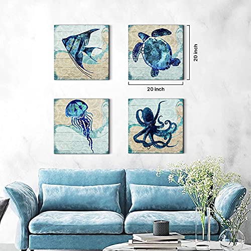 Navy Blue Fish Wall Art Beach Themed Sea Turtle Jellyfish Octopus Canvas Pictures Kids Bathroom Nursery Decor Boho Ocean Animal Painting Artworks For Bedroom Living Room Home Decorations 12X12" 4 Pcs #TOP6