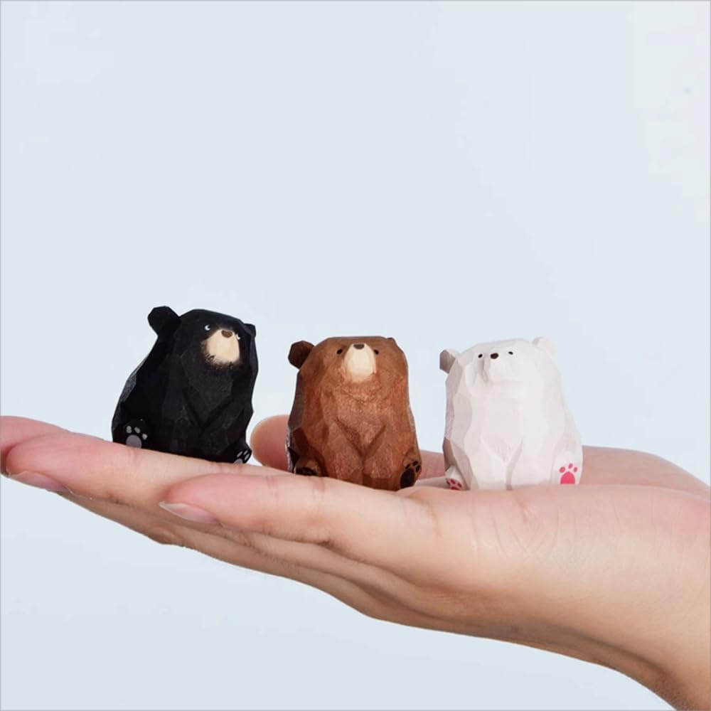 Small Sitting Wooden Bear Figurines, 3-Pack – Hand-Carved Brown, Polar & Black Bears, 1.4" Cute Desk & Monitor Top Decor, Gift for Animal Lovers