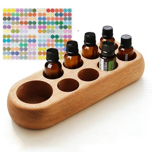 Image of VolksRose Wooden Essential Oil Organizer 9 Holder Storage Rack with Stickers for 5100ml Bottles - Elegant Travel & Display Stand for Essential Oils, Nail Polish, Perfume - Compact Shelf for Tabletop