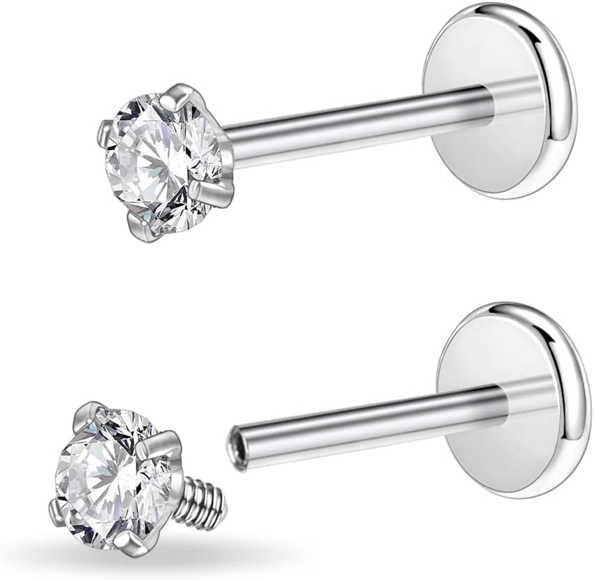 16g/18g Surgical Steel Internal Thread CZ Stud Piercing Jewelry for Tragus/Nose/Helix/Conch/Medusa/Lip/Labret - Helix Tragus Cartilage Earring for Women Men 2PCS