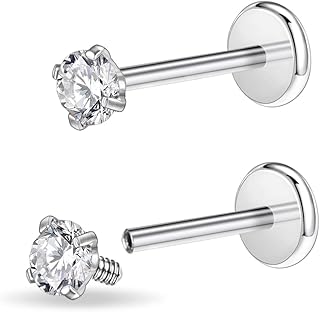 16g/18g Surgical Steel Internal Thread CZ Stud Piercing Jewelry for Tragus/Nose/Helix/Conch/Medusa/Lip/Labret - Helix Tragus Cartilage Earring for Women Men 2PCS