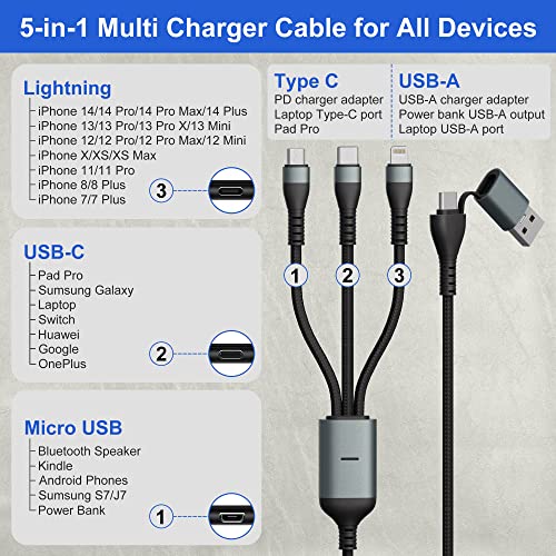 100W USB C Multi Charging Cable 3M/10Ft [Apple MFi Certified]5-in-1 USB ...