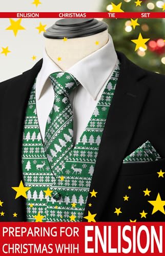 Enlision Mens Christmas Suit Vest Xmas Holiday Tree Snowflake Vest Tie Pocket Square Set Jacquard Waistcoat Party3