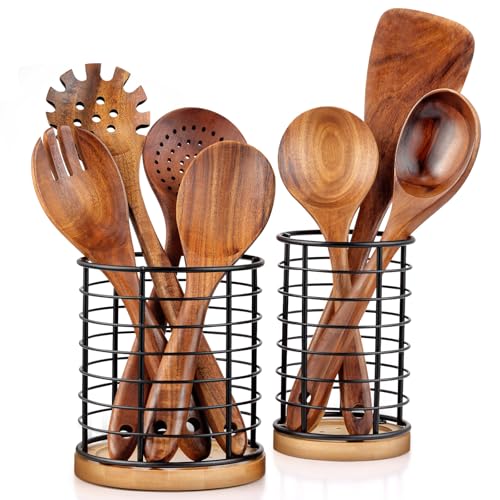 Funnydin Kitchen Utensil Holder, 2P Large Black Utensil Holder for Kitchen Counter, Metal Cooking Utensil Crock with Wooden Base, Spatula Holder, Modern Farmhouse Decor - Round
