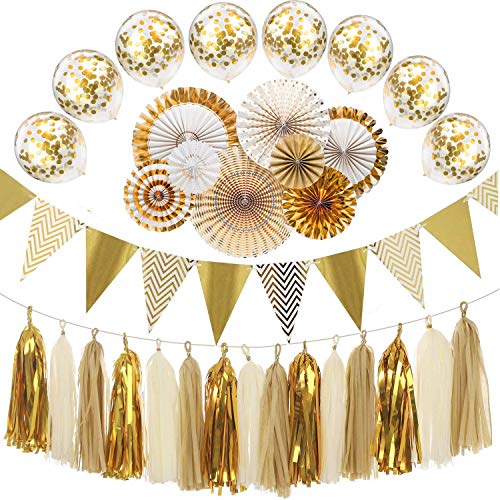 Gold Party Decorations 8 Pcs Paper Fan Flowers 20 Pcs Confetti balloons Sparkly Paper Pennant Banner Triangle Flags Bunting 8.2 Feet and Tissue Paper Tassels Garland 15 pcs for Baby Shower, Birthday
