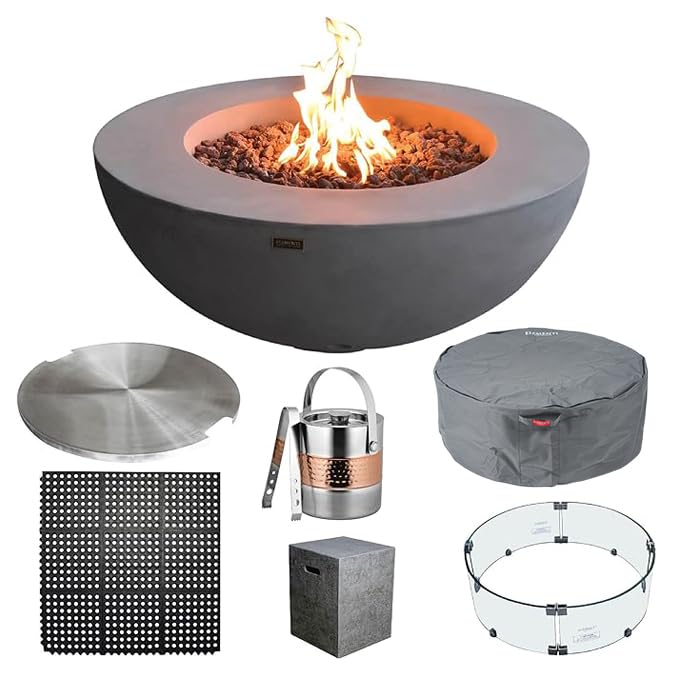 Elementi Lunar Bowl Fire Pit Bundle Outdoor Firepit Set Includes 42” Propane Concrete Firepit, Glass Windscreen, Stainless Steel Cover, Tank and