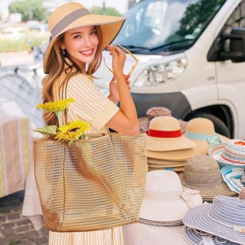 Image of Mesh Beach Bags for Women Summer Travel Tote Bag with Large Inner Pocket Foldable Sandproof Woven Shoulder Handbag Lightweight Vacation Cruise Tote for Beach Swimming Pool Poolside Gym