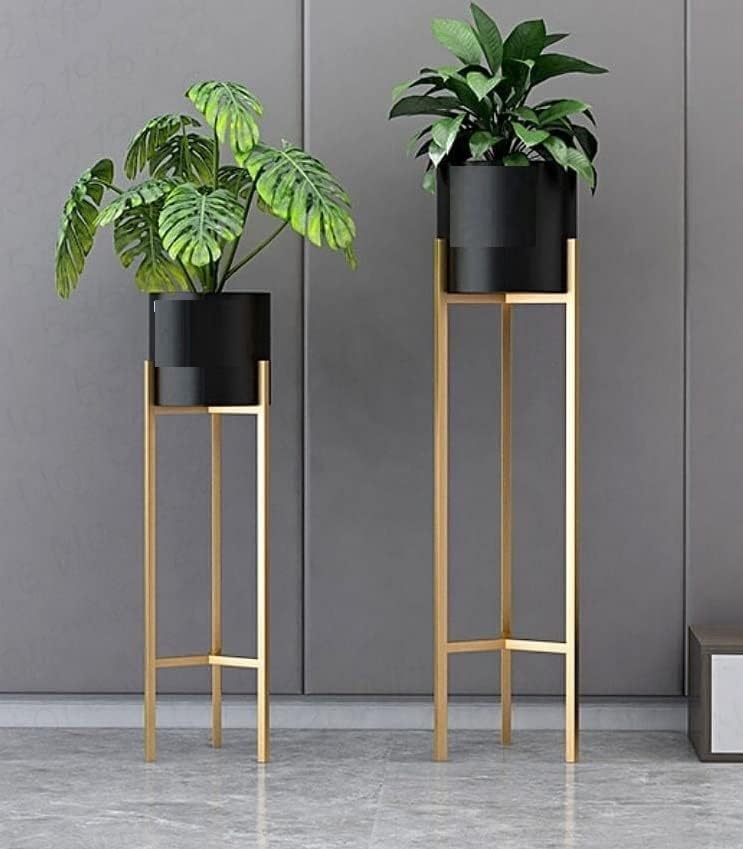 Image of Iron Metal Tall Plant Stand with Pot| Indoor Outdoor Plant Stand| Modern Golden Tall Planter Stand Set of 2 (White /Gold) (BLACK)