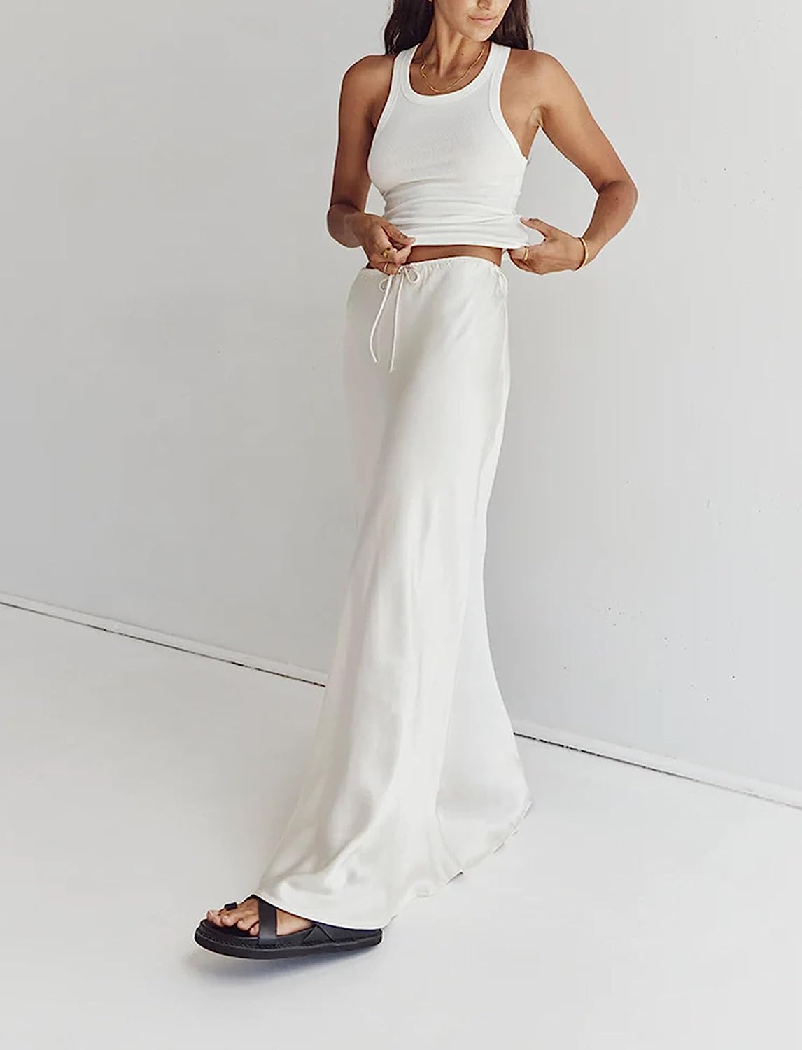 Meladyan Woman Drawstring High Elastic Waist Maxi Long Skirt A Line Flare Solid Slim Fitted Going Out Casual Midi Skirts - Image 3