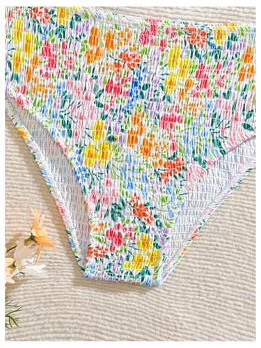 OYOANGLE Girl's Two Piece Floral Smocked Bikini Set High Waisted Bathing Suit Scoop Neck Beachwear4