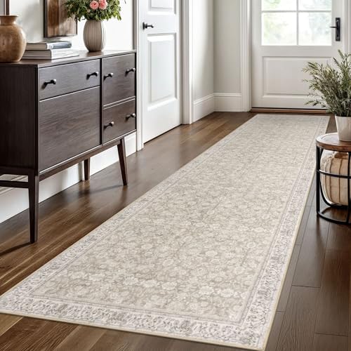 2.6x10 Cream Beige White Grey Washable Runner Rug for Kitchen, Soft Classic Runner with Non-Slip, Non-Shedding Distressed Floral Rug for Hallways Entryway Bedroom Laundry Indoor