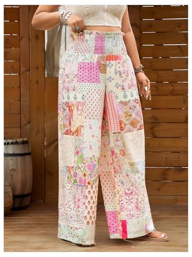Women's Plus Size Patchwork Floral Paisley Boho Pants Smocked Colorblock High Waisted Wide Leg Trousers2