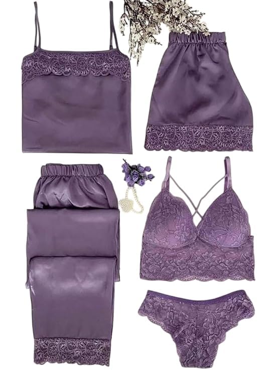 Image of Valentine's Day Fancy Night Suit & Bra Penty Set Combo for Women's Pack of 7 Pcs Nightwear Lingerie Purple Nightwear Wedding Gifts (Free Size)