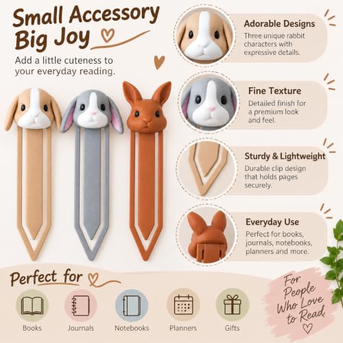 Image of 3 Pack Cute Rabbit Bookmarks Set for Readers & Gifting | Bunny Page Marker