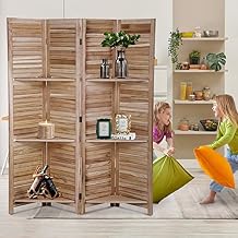 5.7Ft Tall Room Divider Privacy Screen Folding Wood Wall Divider with Three Shelves Portable Partition Screen for Home Office, 4 Flexible Panel & Easy to Storage Foldable Screen, Natural