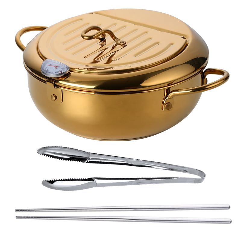 Upfood Japanese Style Tempura Frying Pot, 304 Stainless Steel Golden Deep Fryer Pot with Lid, 9.8