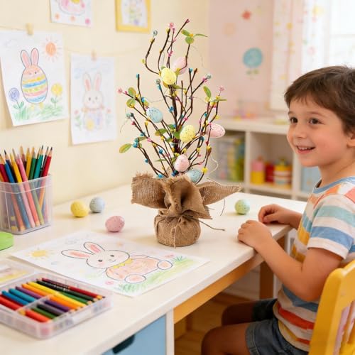 Árbol de Pascua con luces y base de arpillera para mesa de primavera 4
