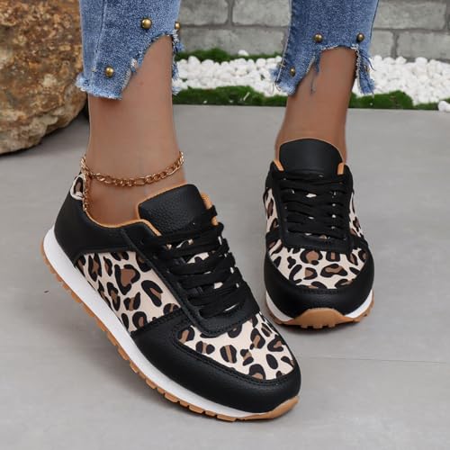Women's Leopard Print Fashion Sneakers, Black and Tan Athletic Shoes with Lace-up Design4