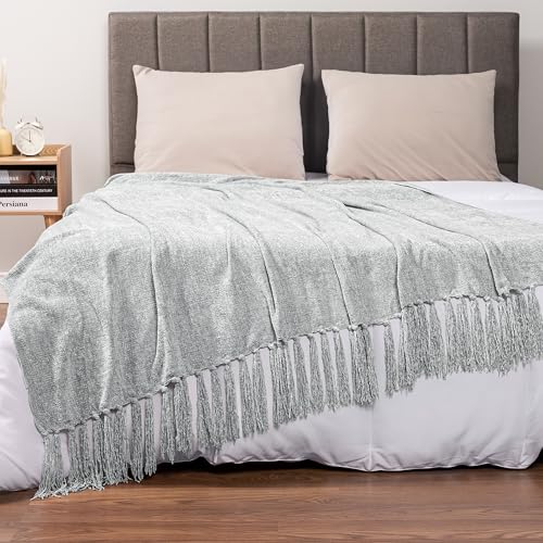 PAVILIA Hellgraue Chenille-Überwurfdecke für Couch, weiche, graue Strickdecke mit Quasten-Fransen, gewebte Chenille-Strickdecke… – Ansicht 4