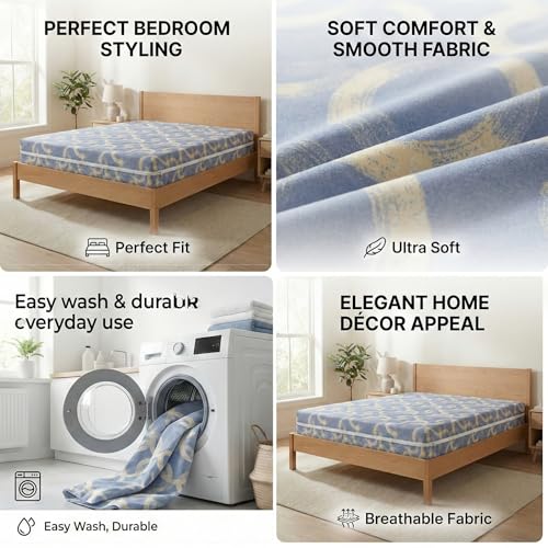 Image of VAS COLLECTIONS Cotton Printed Mattress Protector with Zipper | 360 Degree Fully Enclosed Mattress Cover | Breathable, Waterproof-Safe Fabric | Double Bed 78x72+6 Inches (6.5x6 Ft) (Pale Blue)