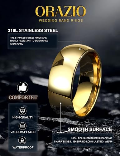 Image of ORAZIO Stainless Steel Rings for Men Women 6MM 8MM Wedding Band Rings Silver /Black /Gold Domed High Polished Basic Wedding Bands Comfort Fit Size 6-14