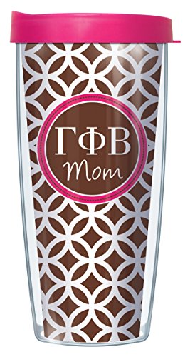 Signature Tumblers Gamma Phi Beta Mom Insignia Wrap on Brown and White Roundabout 16 Ounce Double-Walled Travel Tumbler Mug with Hot Pink Easy Sip Lid