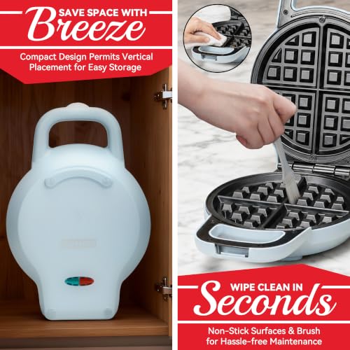 Image of SugarWhisk 6-Inch Flip Belgian Waffle Maker, Ceramic Nonstick,Pale Blue | 180 Flip Waffle Iron, 750W Heat, PFAS-Free Ceramic Plates, Cool-Touch Handle, Safety Lock, Batter Groove & Upright Storage