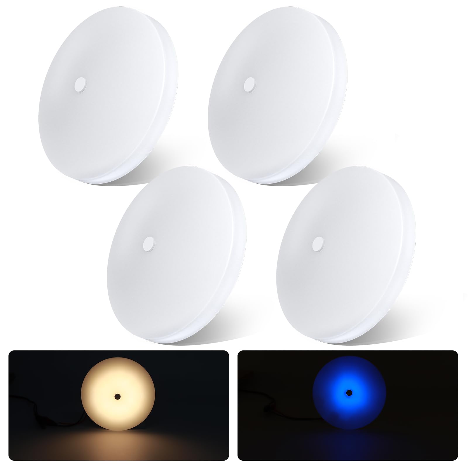 acegoo RV LED Ceiling Dome Light w/Switch 4.5” RV Lights Interior 12V Overhead Puck Light for Motorhome Camper Trailer Boat, Dimmable White Light & Blue Nightlight, Surface Mount,4-Pack (3000K