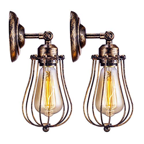 産業壁ライト2パック、E27ベースヴィンテージアンティーク錆色ワイヤーケージ壁取り付け用燭台照明ポーチベッドサイドヘッドボード寝室ガレージ納屋ドアのサムネイル