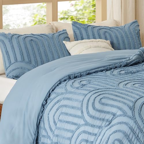 Image of Bedsure Boho Tufted Blue Comforter Set Queen Size, GentleSoft 3 Pieces Boho Farmhouse-Style Decor Bedding, Arch Bedding for All Seasons, 1 Bed Comforter, 2 Pillow Shams, 90x90 Inches