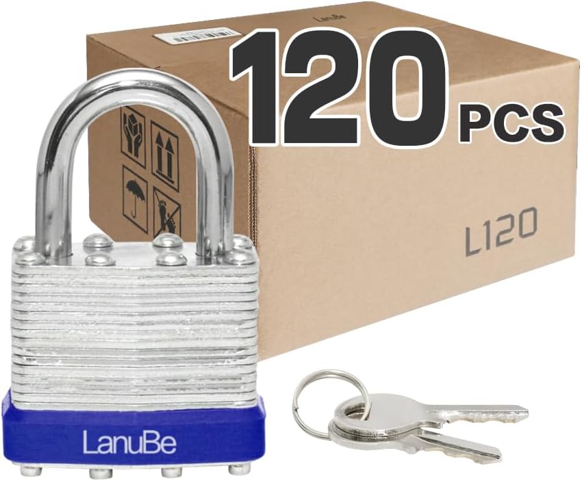 Lock Laminated keyed Padlock (1-9/16", 40mm), keyed Alike Locks, Normal Shackle, Marked Blue Plastic Hoop, Pack of 120 120 pack Blue