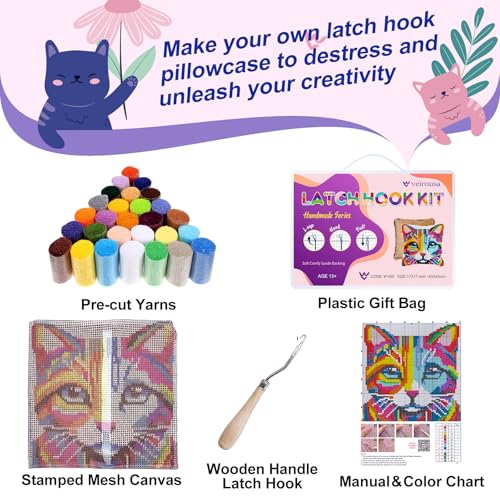 Image of veirousa Colorful Cat Latch Hook Kits for Adults Beginners, Cute Animals Latch Hook Pillow Kit Pre-Printed Latch Hook Rug Kits Cross-Stitch Embroidery Cushion for Home Sofa Decoration 17x17 in.