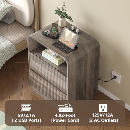 Image of BORNOON Dresser with 2 Drawers and Charging Station, Fluted Bedside Table with Round Curved Corner, Hidden Handles, 2 AC Outlets and 2 USB Ports, Modern Wood End Table with Open Shelf for Bedroom