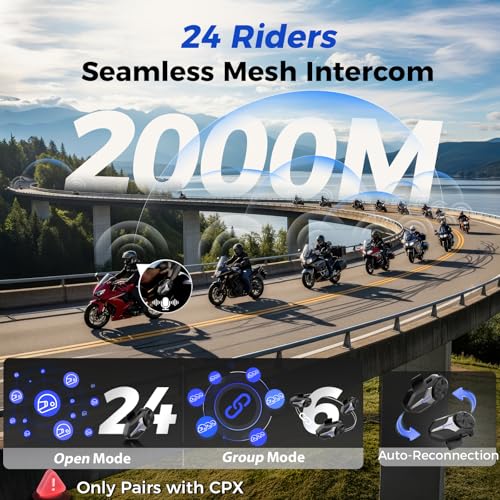 Image of Moman Motorcycle Intercom, Group Intercom Communication Systems, FM, Hi-Fi Stereo, CVC Noise Cancellation, Waterproof BT5.1 Helmet Speaker Headset, 24 Riders Mesh Communicate(CPX 1 Pack)
