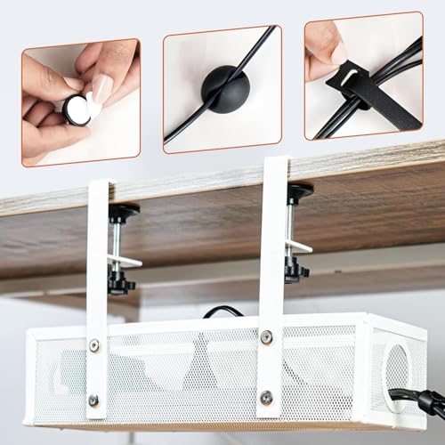 Image of Dyazo Adjustable Under Desk Cord Organizer | Screw Clamp Mesh Tray for Power Extension & Computer Wires | Includes Cable Clips & Tighteners Straps | Perfect Cable Management Holder for Office - White