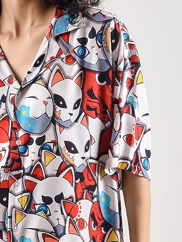 Image of ComicSense.xyz Unisex Anime Shirts for Men and Women, Kitsune Mask Printed Kimono Fit Hawaiian Shirt - XX-Large