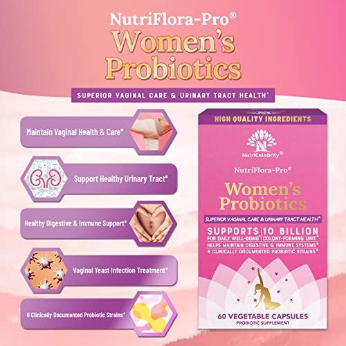 Image of Nutricelebrity NutriFlora-Pro Probiotics for Women - Support Vaginal, Urinary Health (UTI), Digestive System, Period Pain, Yeast, and BV Relief, Cranberry Pills, 10 Billion CFU 6 Strains (60 Caps)