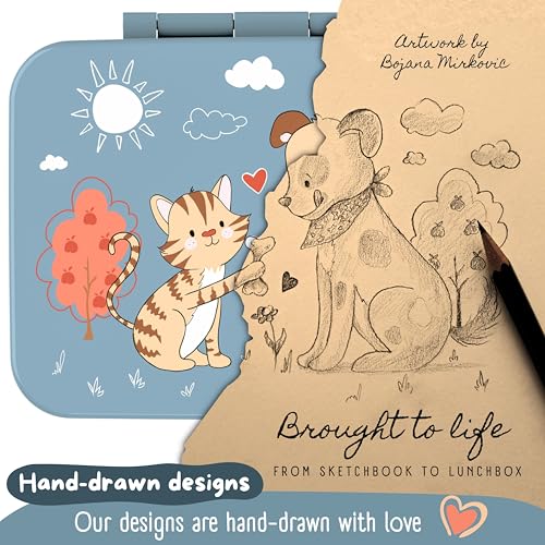 Image of BEARFOOT Kids Lunch Box with Compartments - Compact & Lightweight | Leak-Proof, BPA-Free, Dishwasher Safe | Hand-Drawn Design for Preschool, School, Travel (Dog & Cat Blue, 4 Cups) | BPA Free Leakproof Lunch Box with Compartments School & Nursery for Girls & Boys Lightweight & Compact