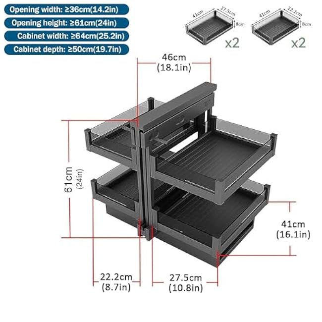 Corner Pull Out Baskets for Kitchen Storage Cabinet, 4 Metal Sliding Drawers, Fits 61-64cm Cabinets, Left & Right Hand Design, Space-Saving Organizer Solution