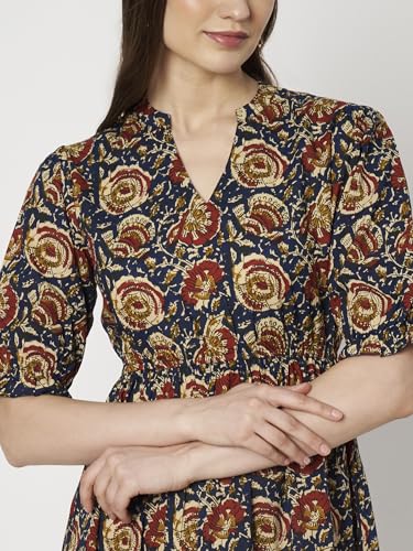 Image of Women's Floral Summer Maxi Dress I Cotton Printed I One Piece Bodycon Midi Dress with V-Neck, Puffed Sleeves