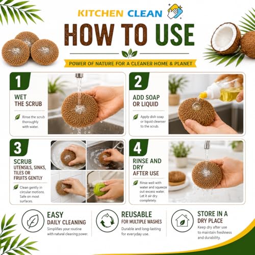 Image of Kitchen Clean Soft Circular Coconut Coir Scrub for Multipurpose Use | Chemical-Free Nariyal Juna | Eco-Friendly Natural Kitchen Scrubber (Pack of 6)