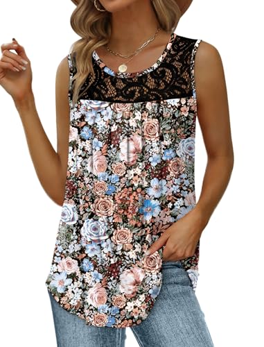 Image of Saloogoe Summer Tank Tops for Women Loose Fit Pleated Tunics Scoop Neck Sleeveless Lace Tops Curved Hem Flowy